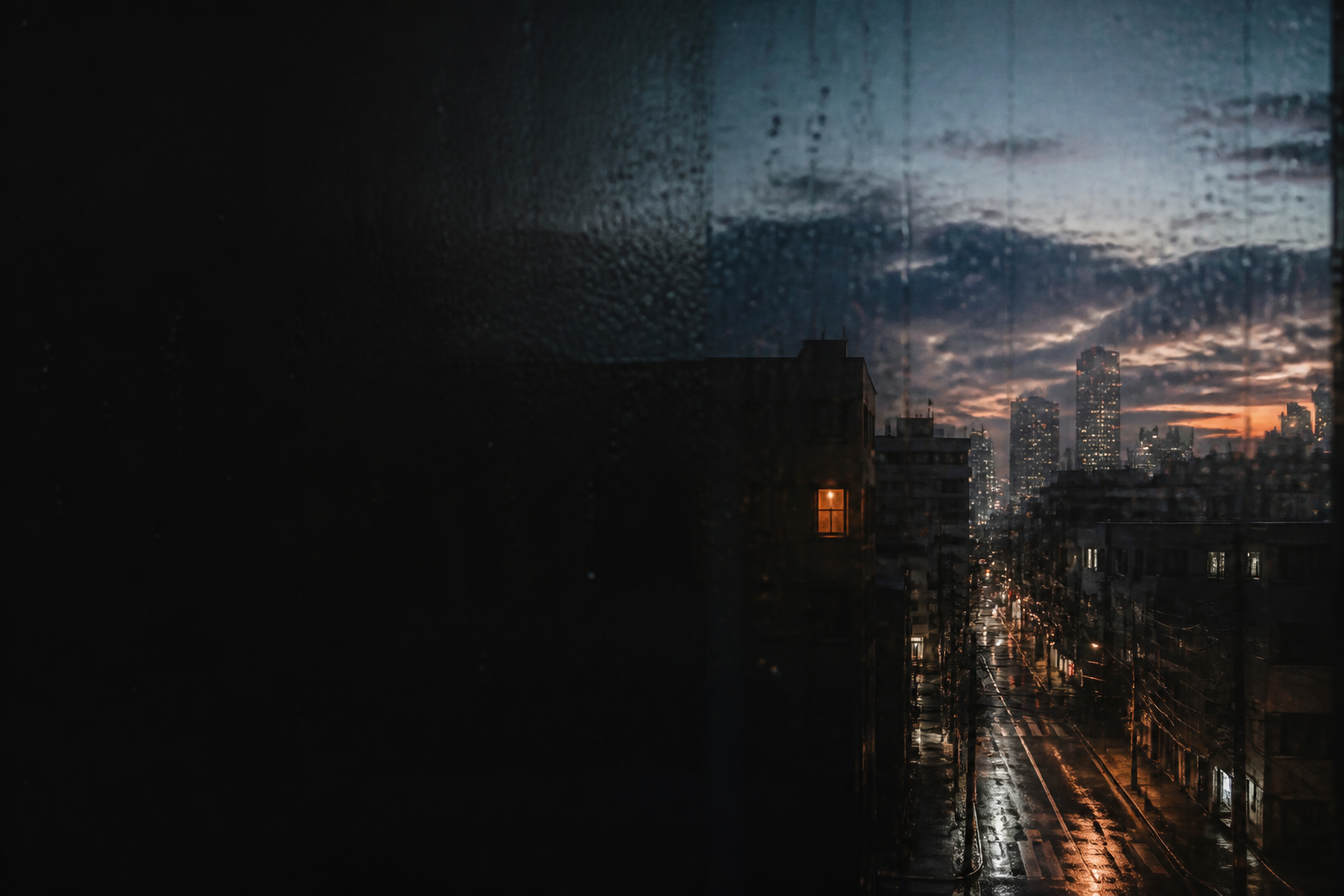雨に濡れた夜明け前の街と、ひとつだけ灯る窓